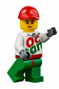 Race Car Female Mechanic Minifigure - Female race car mechanic in a white Octan race suit with a silver zipper, wearing a red cap with a hole and peach lips - rac060