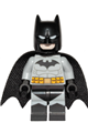 Minifigure wears a light bluish gray suit with a yellow belt, black crest, mask, and cape - sh689