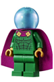 Mysterio minifigure with a light bluish gray head, a satin trans-light blue helmet, and a double hole cape - sh709