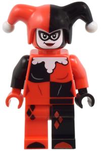 Harley Quinn Minifigure - Harley Quinn with a jester's cap, black and red hands, and a rounded collar - sh959