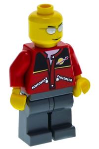 Male in Red Jacket Minifigure - Minifigure with a red jacket featuring zipper pockets and a Classic Space logo, dark bluish gray legs, a black helmet, and silver sunglasses - twn060
