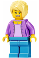 Female minifigure with a medium lavender jacket, medium blue legs, and bright light yellow hair - twn394